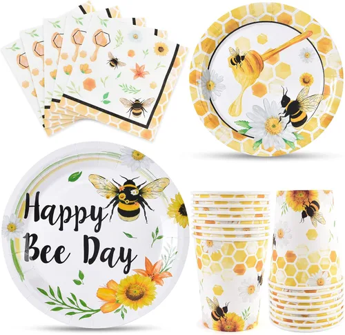 WERNNSAI Decoraciones de cumpleaños de abejas: 64 platos de abeja, servilletas y tazas, decoración de baby shower, platos de papel, tazas,