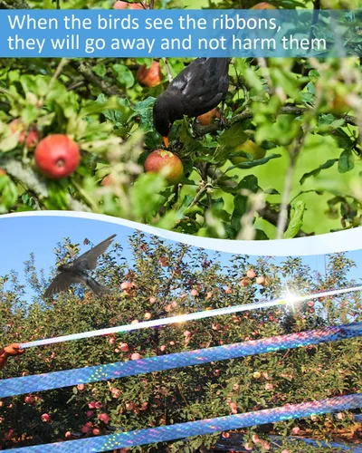 Miniatura 5 de 2 cintas de 502 pies para asustar pájaros, cinta holográfica reflectante de doble cara, dispositivos repelentes de pájaros audibles visuales