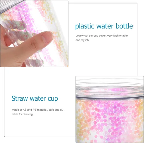 Miniatura 4 de UPKOCH Vaso de agua de doble pared con forma de oreja de gato, vaso de paja de plástico con lentejuelas, elegante botella de bebida reutilizable