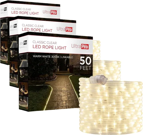 Miniatura 9 de Luces de cuerda LED UltraPro, cuerda clara clásica de 50 pies, luz blanca cálida 3000K, para interior/exterior, flexible, enlazable, duradera, luces