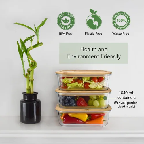 Miniatura 6 de EcoPreps Recipientes de vidrio para preparar comida con tapas de bambú (paquete de 3) - 100% libres de plástico, contenedores de almuerzo