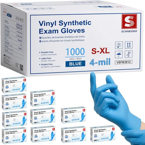 Schneider Blue Vinyl Synthetic Exam Gloves, Case of 1000, 4-mil, Powder-Free, Latex-Free, Non-Sterile, Disposable Gloves 03 Azul(Large 1000)