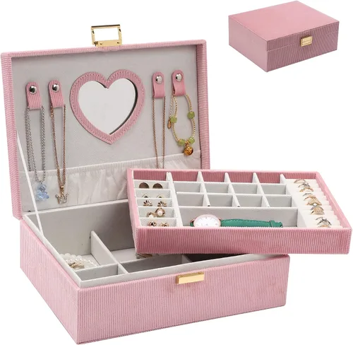 Dajasan Cajas de joyería para mujeres y niñas, caja organizadora de joyas, organizador de joyas de terciopelo grande de 2 capas para anillos,