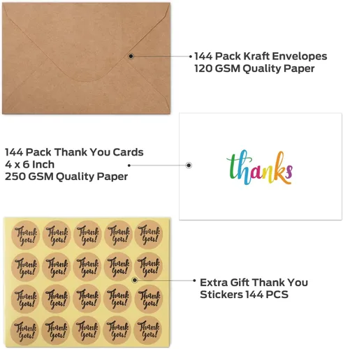 Miniatura 3 de Ohuhu 144 tarjetas de agradecimiento a granel con sobres, juego de notas de agradecimiento con elegantes 8 diseños de arcoíris coloridos, tarjeta