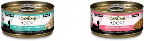 CANIDAE Adore Paquete de comida húmeda prémium para gatos, 2.46 onzas (paquete de 48), trozos con atún, pollo y pescado blanco en caldo, bocados con