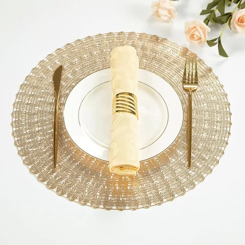Miniatura 11 de Juego de 4 manteles individuales redondos dorados para mesa de comedor, manteles individuales metálicos de vinilo prensado para decoración de bodas