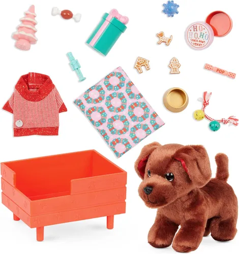 Glitter Girls Accesorios para muñecas de 14 pulgadas - Juego de cachorros navideños - Juego de accesorios de 18 piezas y felpa de 6 pulgadas - Cama