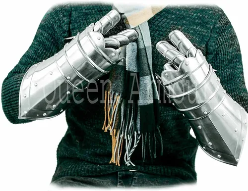 Miniatura 3 de Guantes medievales alemanes del siglo XV, guantes de guantelete de armadura caballero de acero plateado, guantes medievales, guantes de cuero