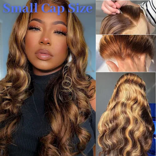 Miniatura 2 de ALHER Pelucas de cabello humano con encaje frontal de gorra pequeña #4/27 rubio miel con reflejos, pelucas de encaje frontal de 13 x 4 con cabello