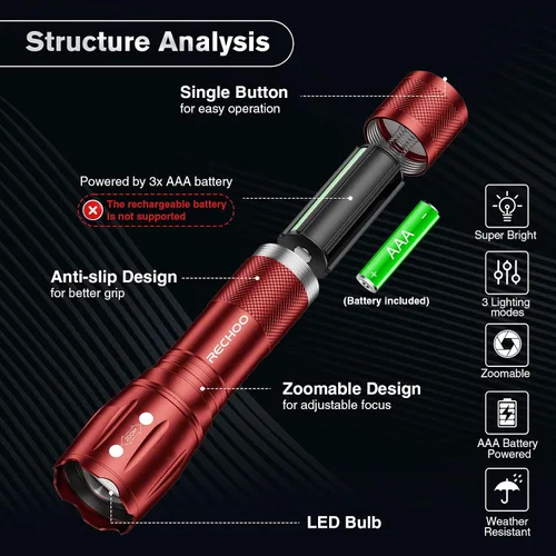 Miniatura 2 de RECHOO Paquete de 2 linternas LED rojas, linternas tácticas de alto lúmenes con 3 modos, linterna pequeña de bolsillo, linternas impermeables