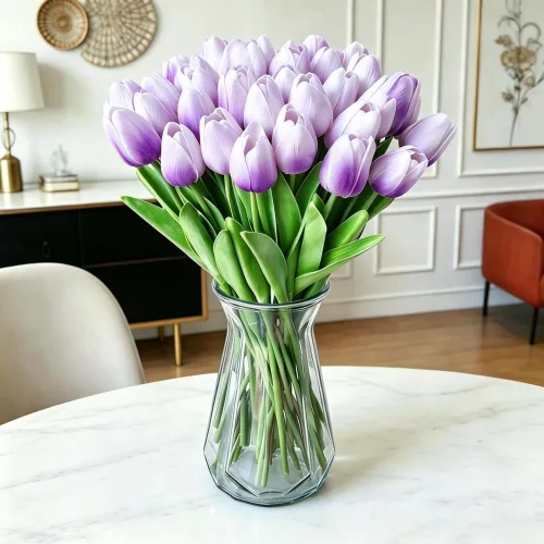 Miniatura 16 de Tulipanes falsos de PU de tacto real, flores artificiales, 10 piezas, arreglo floral, ramo para decoración de hogar, oficina, boda (blanco)