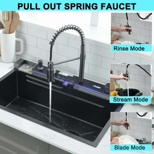 Miniatura 8 de Fregadero de cocina de cascada negro de 30 pulgadas con grifo extraíble, fregadero de cascada de 30 x 18 pulgadas, pantalla digital negra