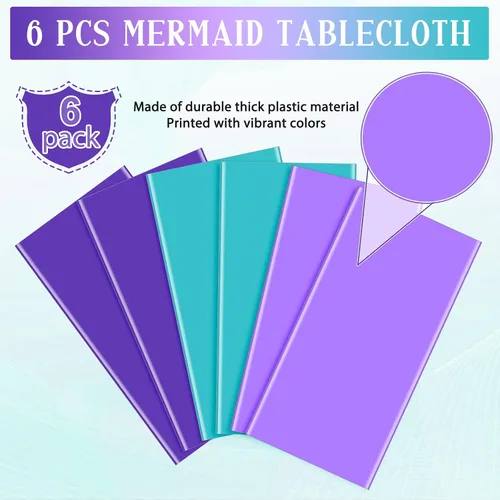 Miniatura 4 de Paquete de 6 manteles de sirena, manteles de princesa azules y morados, fundas rectangulares de plástico desechables de sirena para cumpleaños