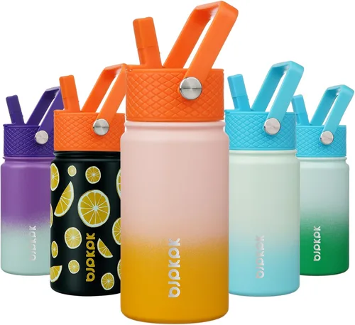 Miniatura 55 de BJPKPK Botella de agua aislada con tapa con pajilla, bonitas botellas de agua de 15 onzas, termo de metal de acero inoxidable, vasos reutilizables
