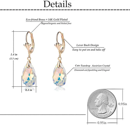 Miniatura 4 de Aretes con dijes con forma de lágrima de cristal austriaco, para mujer, cierre catalán, chapados en oro de 14quilates joyas hipoalergénicas