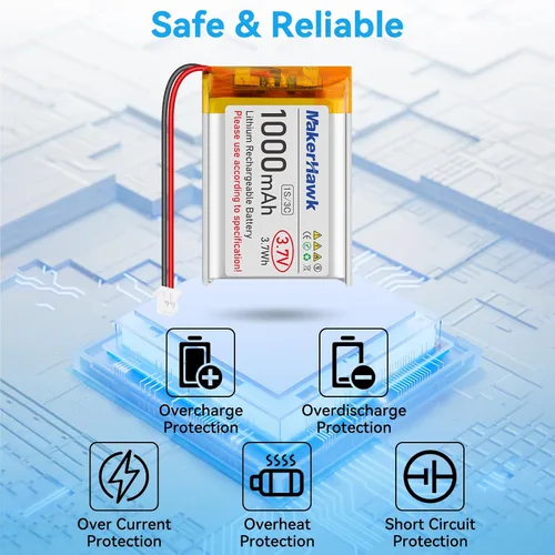 Miniatura 4 de MakerHawk Batería Lipo de 3.7V 1000mAh 803040 Batería recargable de polímero de litio con micro PH1.25 Conector Circuito de protección integrado