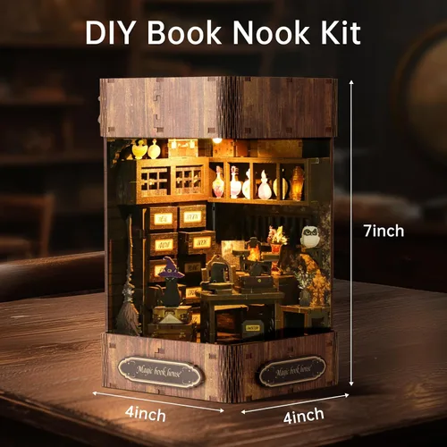 Miniatura 3 de Kit de rincón de libros de bricolaje – Estantería de casa de muñecas en miniatura, rompecabezas de estantería de madera 3D, rompecabezas creativo