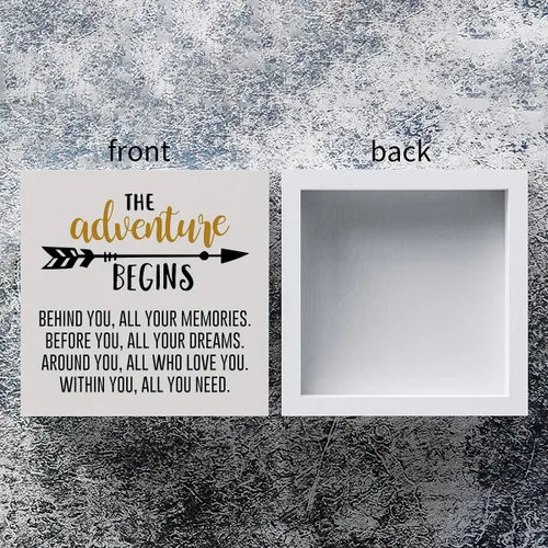 Miniatura 3 de mmiishe Letrero de madera con texto en inglés «The Adventure Begins», decoración de pared para acampar en el hogar, 5 x 5 pulgadas, diseño rústico