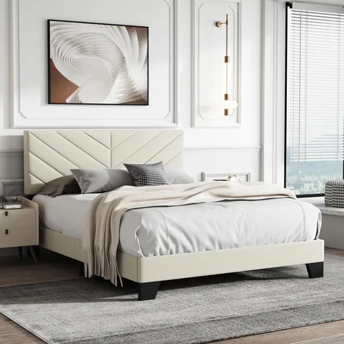 Miniatura 3 de IOILORI Base de cama de tamaño matrimonial con cabecera tapizada, listones de madera resistentes, silencioso, no requiere resortes, fácil de montar