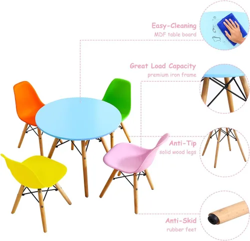 Miniatura 5 de Costzon Juego de mesa y silla para niños, 5 piezas de escritorio para niños de estilo moderno de mediados de siglo con patas de madera, marco