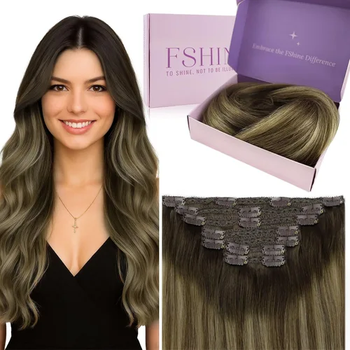 Miniatura 55 de Fshine Extensiones de cabello con broches, 22 pulgadas, 7 unidades, color marrón oscuro, doble trama, extensiones de cabello humano real con clip