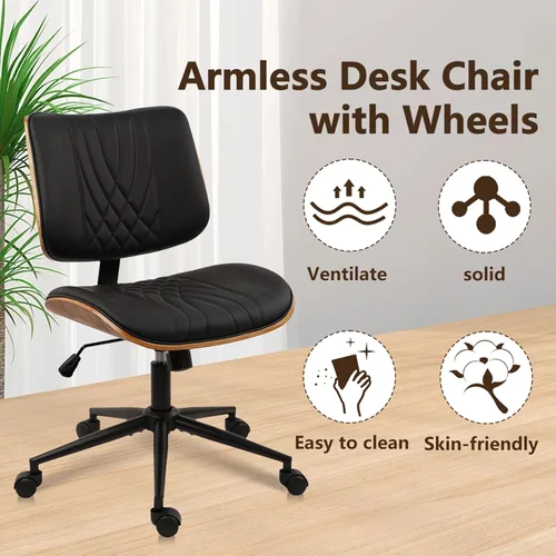 Miniatura 6 de CLATINA Silla de oficina en casa sin brazos, silla de escritorio con ruedas, silla de lectura de altura ajustable, respaldo medio de cuero y silla