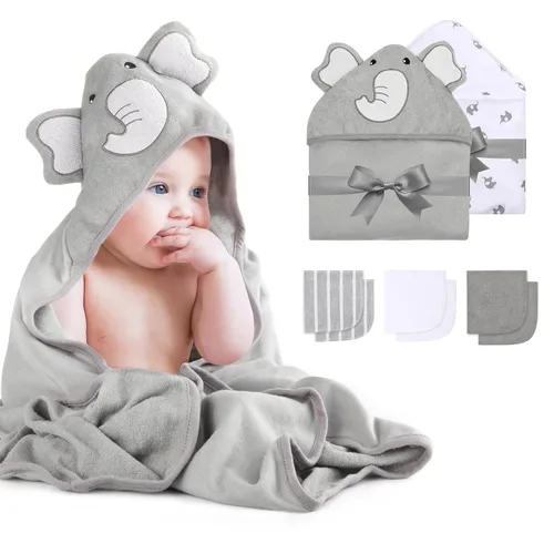 Momcozy Toalla de bebé con capucha de elefante lindo – 8 piezas esenciales de baño, 2 toallas y 6 paños de lavado, regalo perfecto para niños o