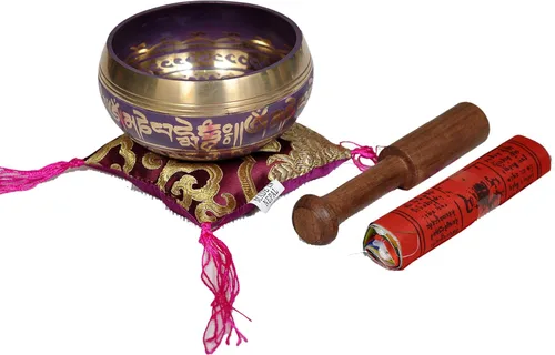 Miniatura 5 de Cuenco tibetano, de Dharma, con diseño tibetano tradicional, con bandera tibetana de oración budista, fabricado a mano en Nepal, Azul