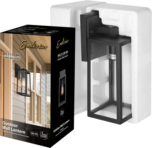 Miniatura 7 de Emliviar WE212B BK - Farol de pared para exteriores, 13.8 pulgadas, 1 luz exterior para porche en acabado negro con vidrio transparente, WE212B BK