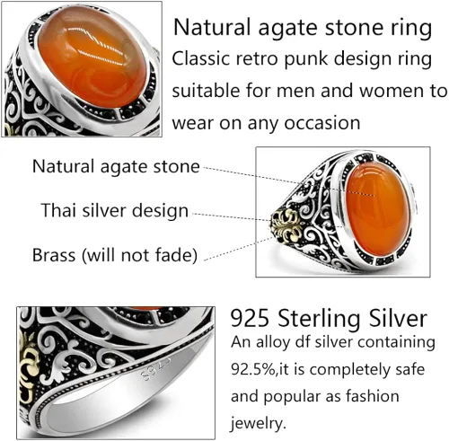 Miniatura 4 de Orange Agate Stone 925 Sterling Silver Men's Ring Arab Design Men's Ring Gift For Others