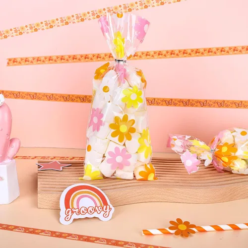 Miniatura 4 de Whaline 100 bolsas de celofán con margaritas de celofán con lazos plateados, retro, hippie, bohemio, para fiestas, flores coloridas, bolsas
