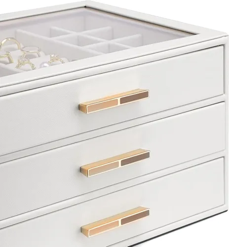 Miniatura 8 de Vlando - Joyero con 3 cajones y tapa de vidrio, organizador de cuero sintético para anillos, aretes, collares y más, estuche de joyería listo