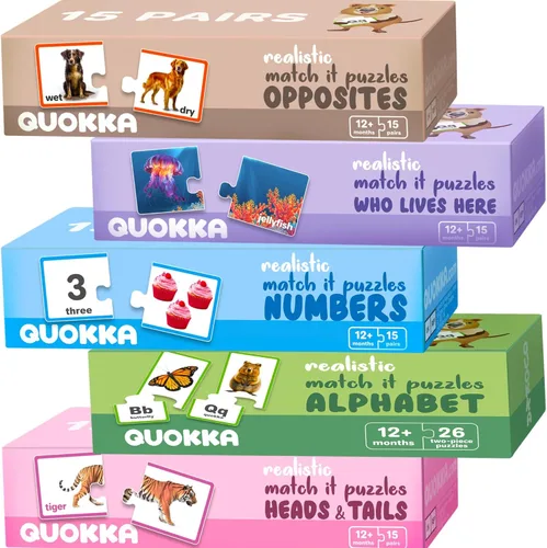 QUOKKA 5X MEGASET Realistic Puzzles for Toddlers 3-5 - Matching Games for Kids Ages 2-4 - Numbers Animals Opposites ABC Learning for Toddlers 1-3