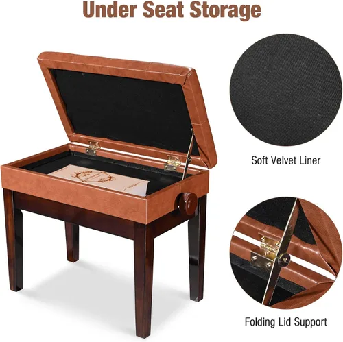 Miniatura 6 de AW Banco de piano ajustable con almacenamiento de madera marrón, taburete para teclado, asiento de cuero, silla Paino para piano, tienda de música