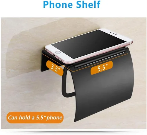 Miniatura 2 de Soporte de papel higiénico negro mate montado en la pared con estante para teléfono, soporte universal moderno para papel higiénico de megarrollo