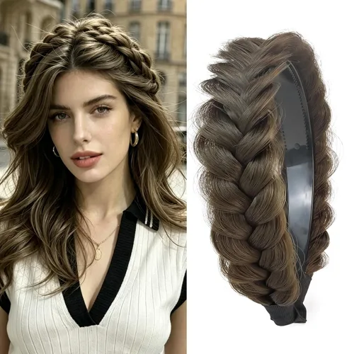 Miniatura 22 de Diadema ancha trenzada para el cabello, accesorios para el cabello, banda elástica antideslizante para mujeres y niñas (amarillo claro)