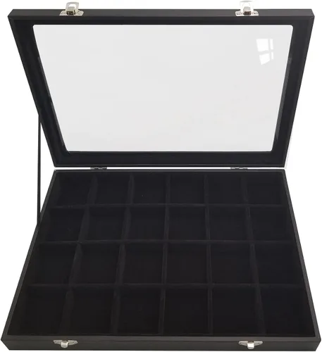 Miniatura 2 de Joyero de 24 rejillas extraíbles para aretes y anillos, caja organizadora con tapa transparente para mujeres y esposas (negro)