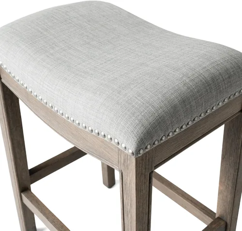 Miniatura 9 de Maven Lane Adrien Taburete de bar sin espalda, asiento de silla de montar de 31 pulgadas con reposapiés, marco de madera maciza gris y tapicería
