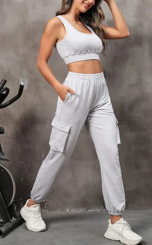 Miniatura 2 de FUPHINE Conjunto de dos piezas para mujer, sin mangas, con pantalones cargo y ropa deportiva para descansar