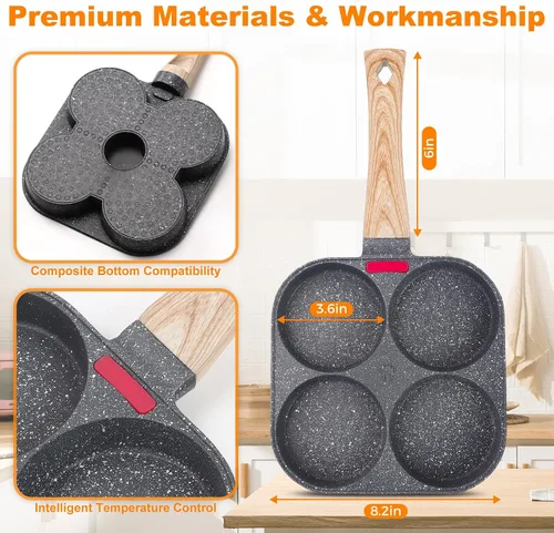 Miniatura 3 de AHFLRITO Sartén antiadherente para huevos de 4 tazas, sartén saludable de aluminio para omelette, sartén para tortilla de desayuno para huevos