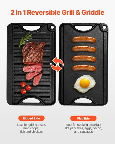 Miniatura 2 de VEVOR Parrilla/plancha reversible, plancha de hierro fundido pre-sazonada de 14 x 8.5 pulgadas, sartén rectangular portátil con asa, utensilios