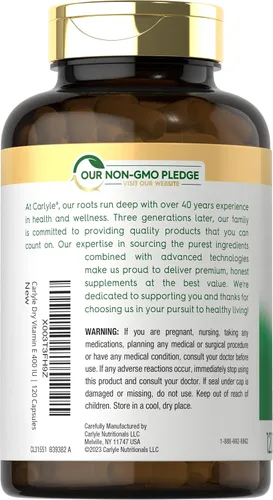 Miniatura 3 de Carlyle Vitamina E seca de 400 UI 120 cápsulas D-alfa tocoferilo Fórmula de alta potencia Sin OMG y sin gluten