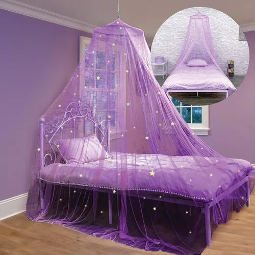 Miniatura 3 de Bollepo Toldo de cama azul y morado para niñas con unicornios + estrellas brillantes, decoración de habitación de red de cuna de princesa, cortinas
