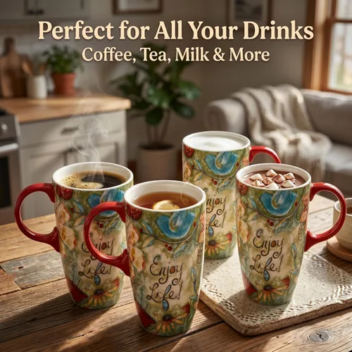 Miniatura 4 de CEDAR HOME Taza de Café de Cerámica de Porcelana con Tapa para Lata de Té 17oz. Disfruta de la Vida