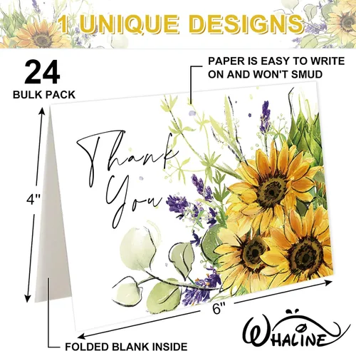 Miniatura 2 de Whaline Paquete de 24 tarjetas de agradecimiento de girasol, tarjetas de felicitación florales de acuarela a granel con adhesivo sobre para notas