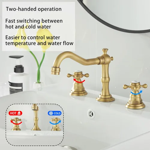 Miniatura 3 de Grifo de 2 manijas para lavabo de baño de tres agujeros, grifo de lavabo extendido, latón antiguo, grifo mezclador con manguera de suministro