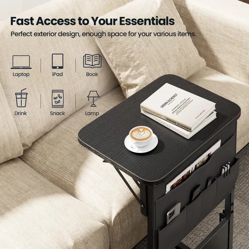 Miniatura 5 de HLDIRECT - Mesa auxiliar en forma de C con estación de carga, mesa lateral para sofá con bolsa de almacenamiento, bandeja para TV ajustable