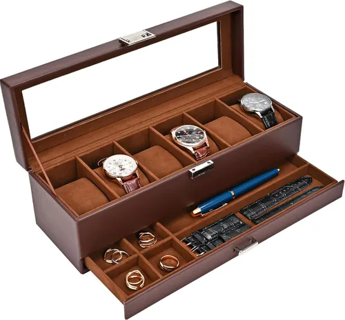 ProCase Caja para reloj, caja de exhibición de 6 ranuras con cajón, caja de reloj para hombre con tapa de vidrio, organizador de almacenamiento de