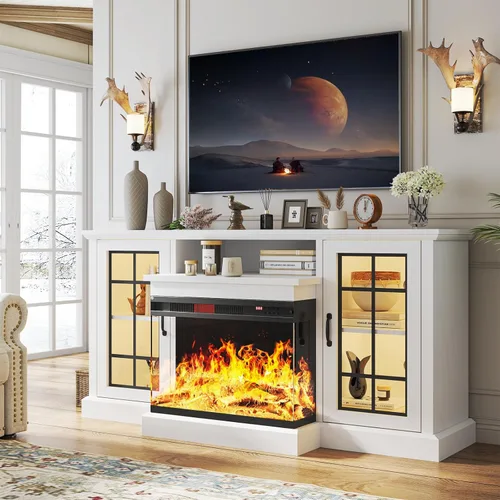 Miniatura 17 de oneinmil - Soporte de TV con chimenea de 59 pulgadas y vidrio en 3 lados para aparatos de hasta 65 pulgadas, centro de entretenimiento moderno