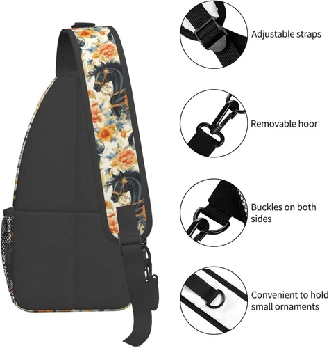 Miniatura 3 de Small Crossbody Bags for Women Men - Vintage Flower Black Horse Print Adjustable Shoulder Bag Fanny Packs Belt Sling Bag Crossbody Purses Backpack
